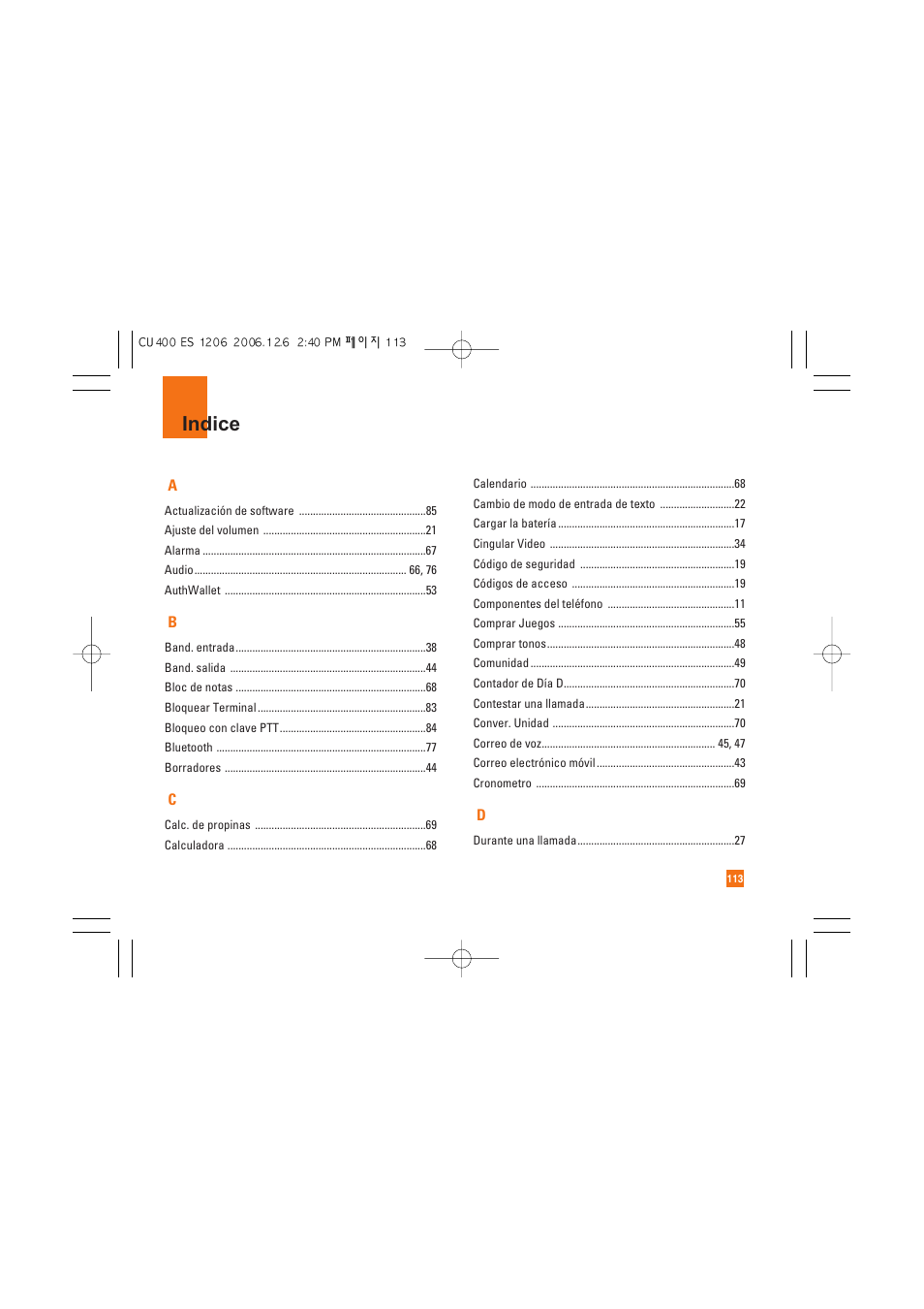 Indice | LG CU400 User Manual | Page 227 / 230