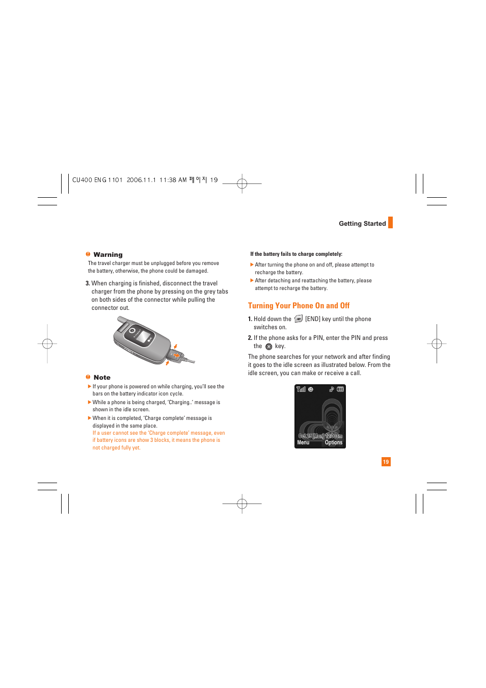 Turning your phone on and off | LG CU400 User Manual | Page 23 / 230