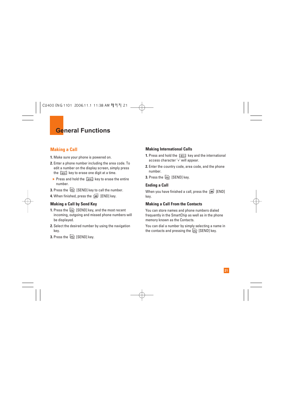 General functions, Making a call | LG CU400 User Manual | Page 25 / 230