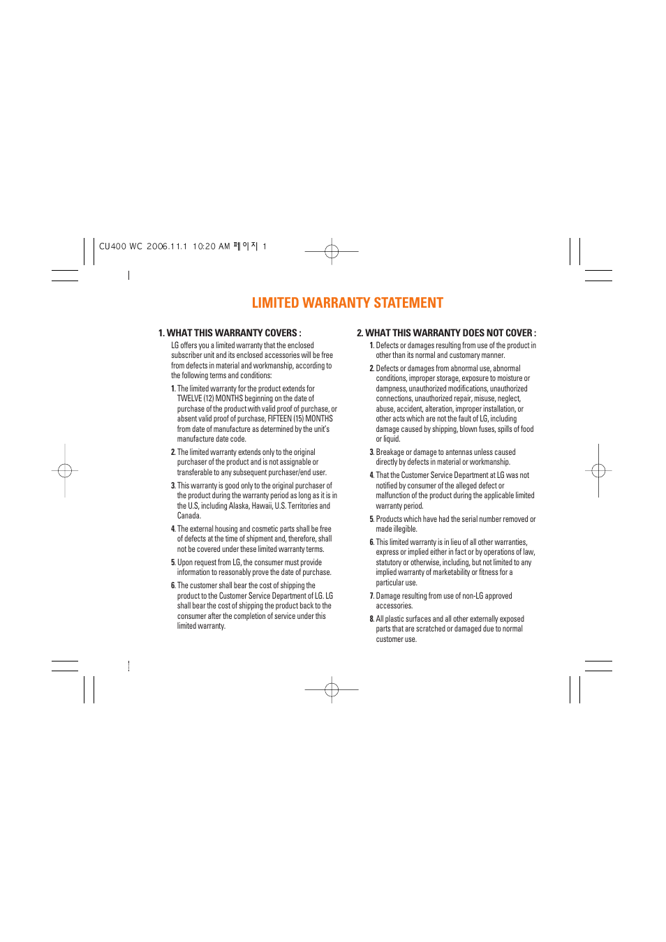 Limited warranty statement | LG CU400 User Manual | Page 3 / 230