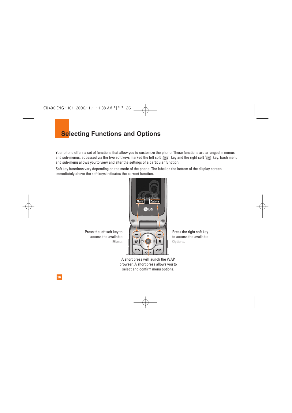 Selecting functions and options | LG CU400 User Manual | Page 30 / 230