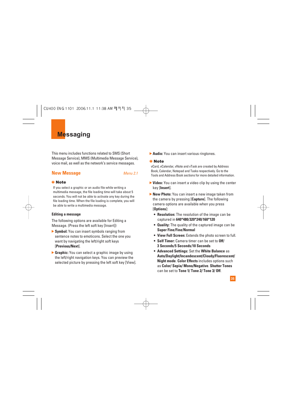 Messaging, New message | LG CU400 User Manual | Page 39 / 230