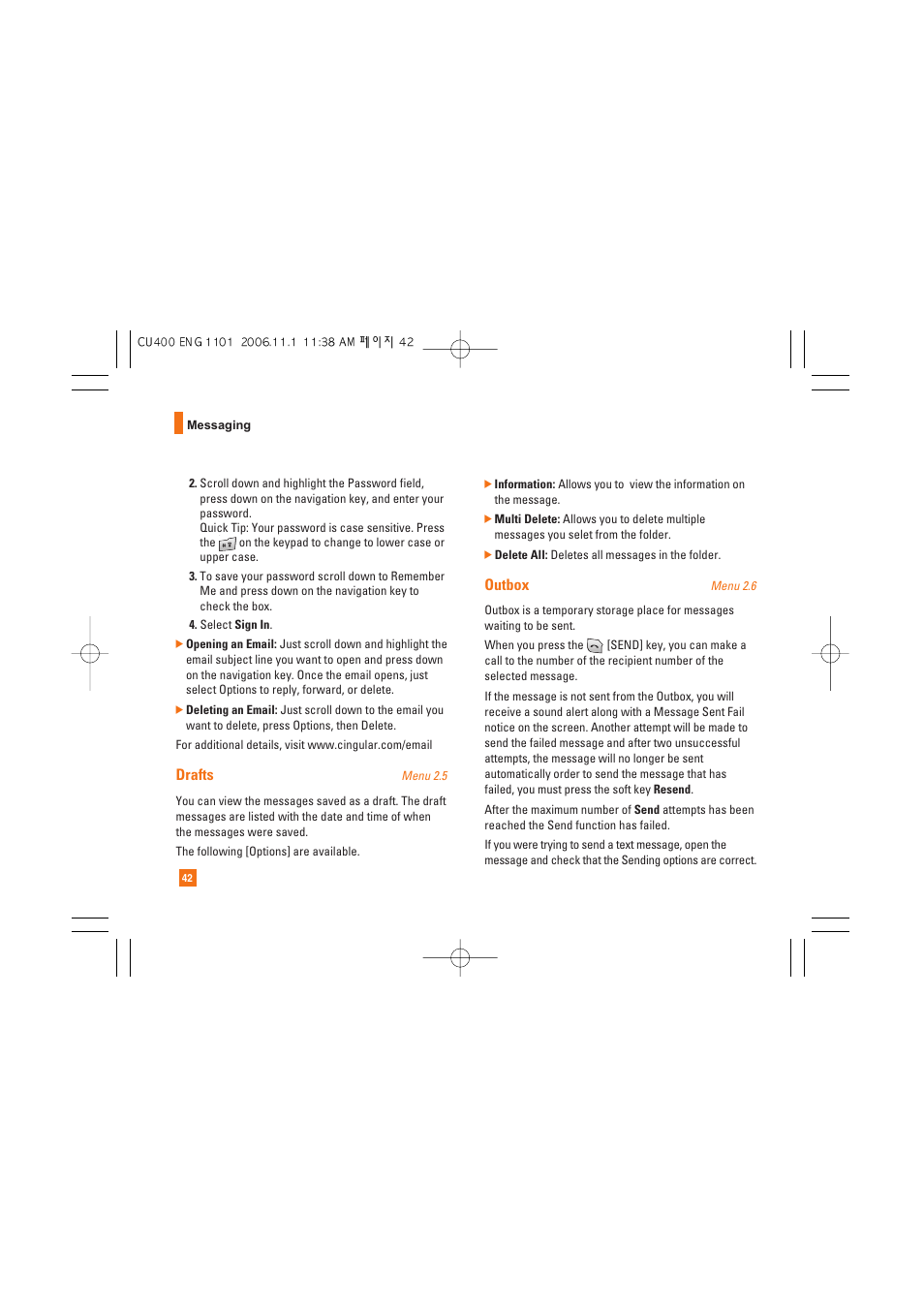 Drafts, Outbox | LG CU400 User Manual | Page 46 / 230