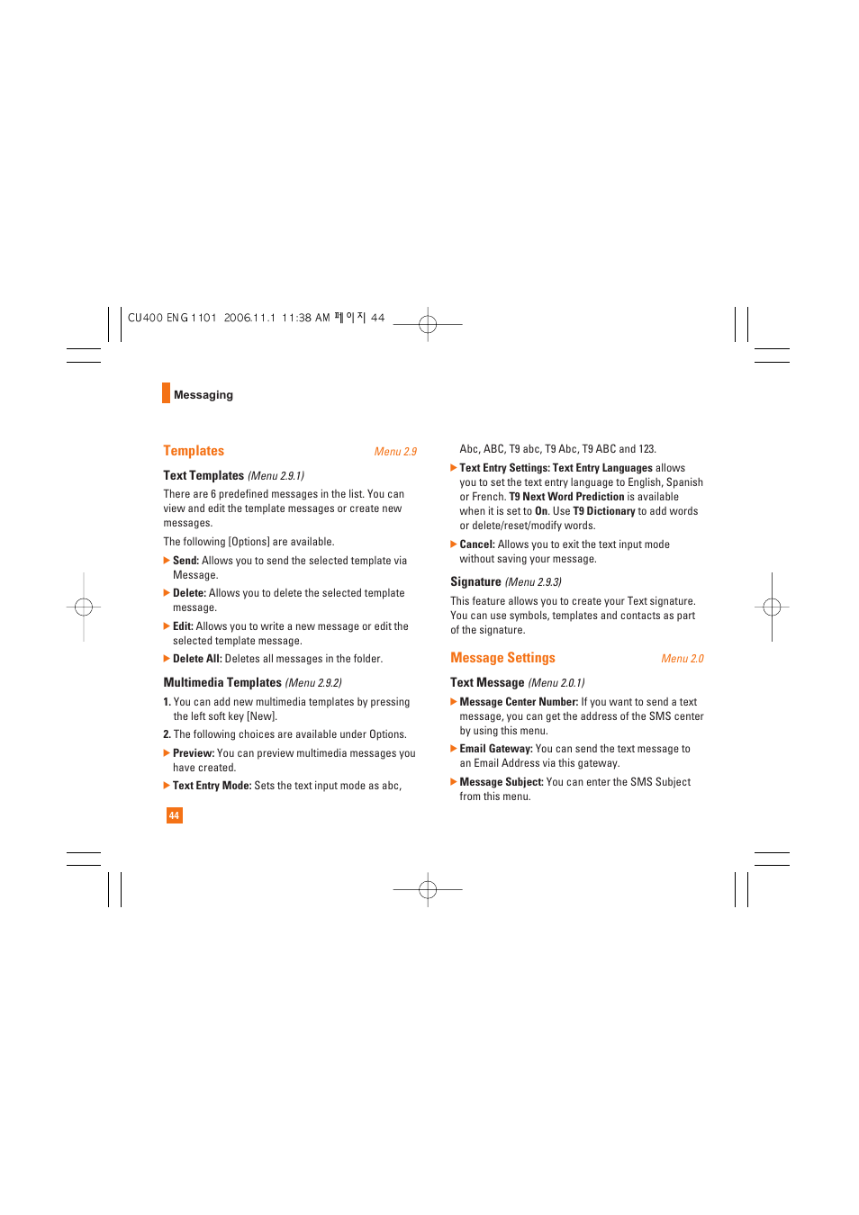 Templates, Message settings | LG CU400 User Manual | Page 48 / 230