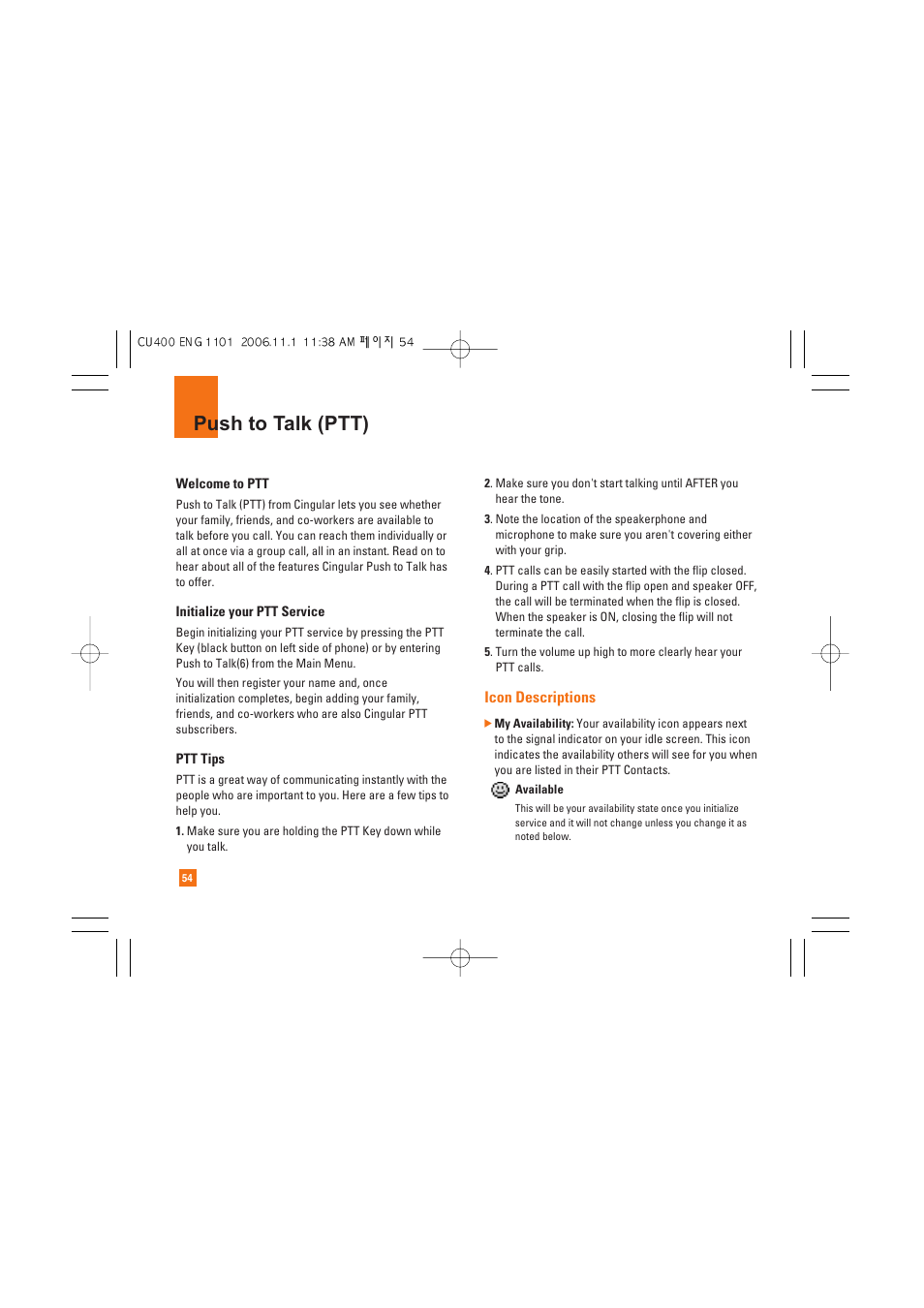 Push to talk (ptt) | LG CU400 User Manual | Page 58 / 230
