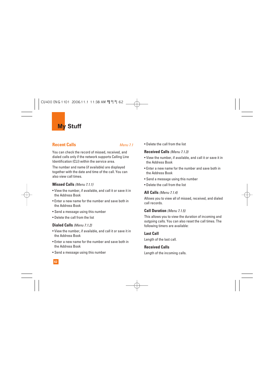 My stuff | LG CU400 User Manual | Page 66 / 230