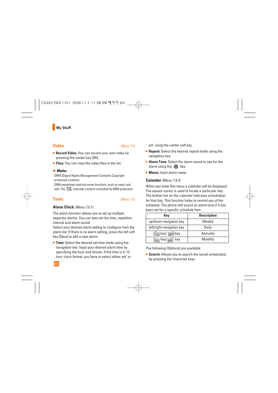 Video, Tools | LG CU400 User Manual | Page 68 / 230