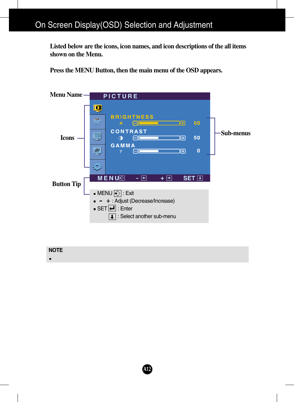 On screen display(osd) selection and adjustment | LG L1718S-BN User Manual | Page 13 / 23