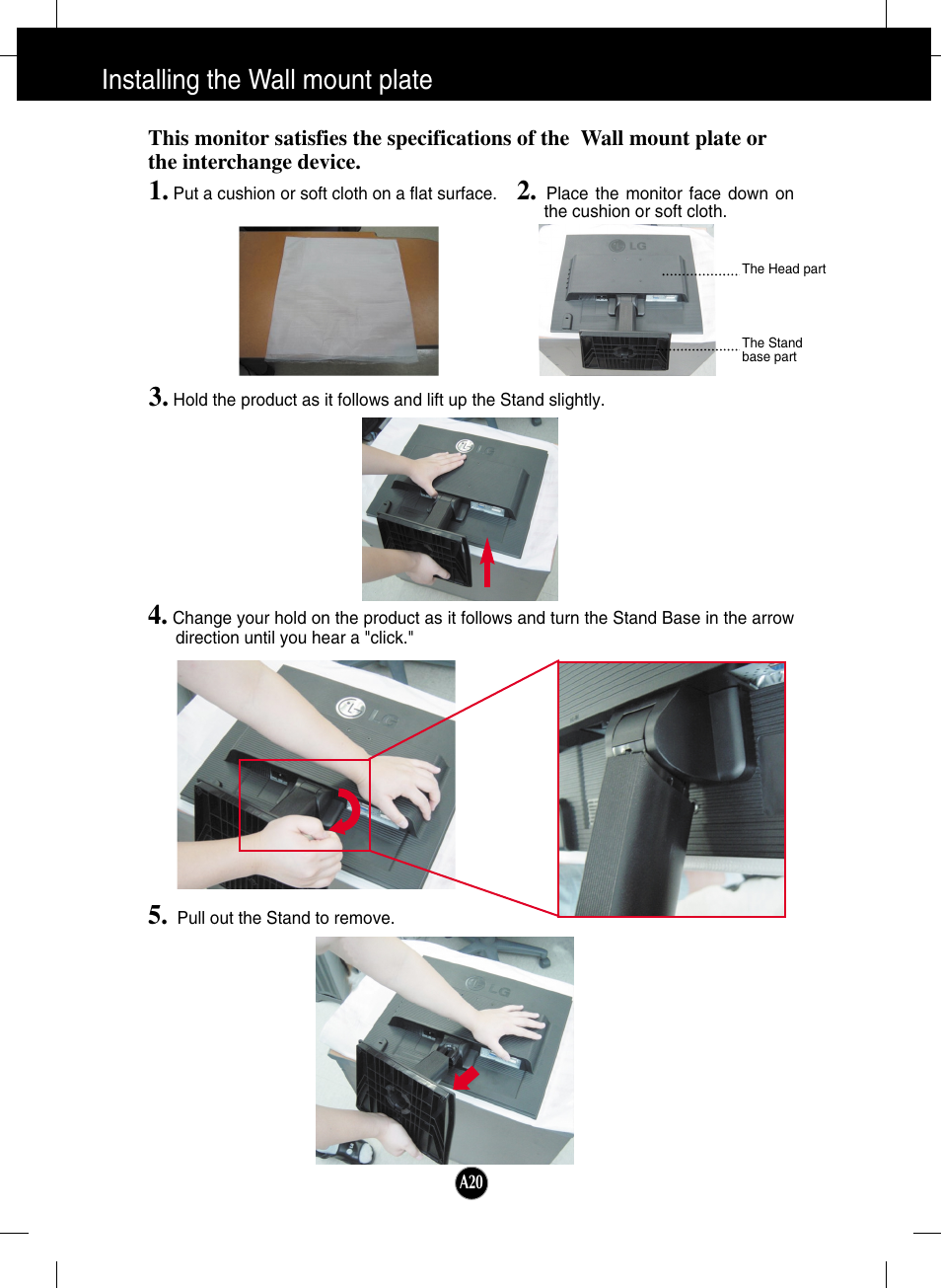 Installing the wall mount plate | LG L1718S-BN User Manual | Page 21 / 23