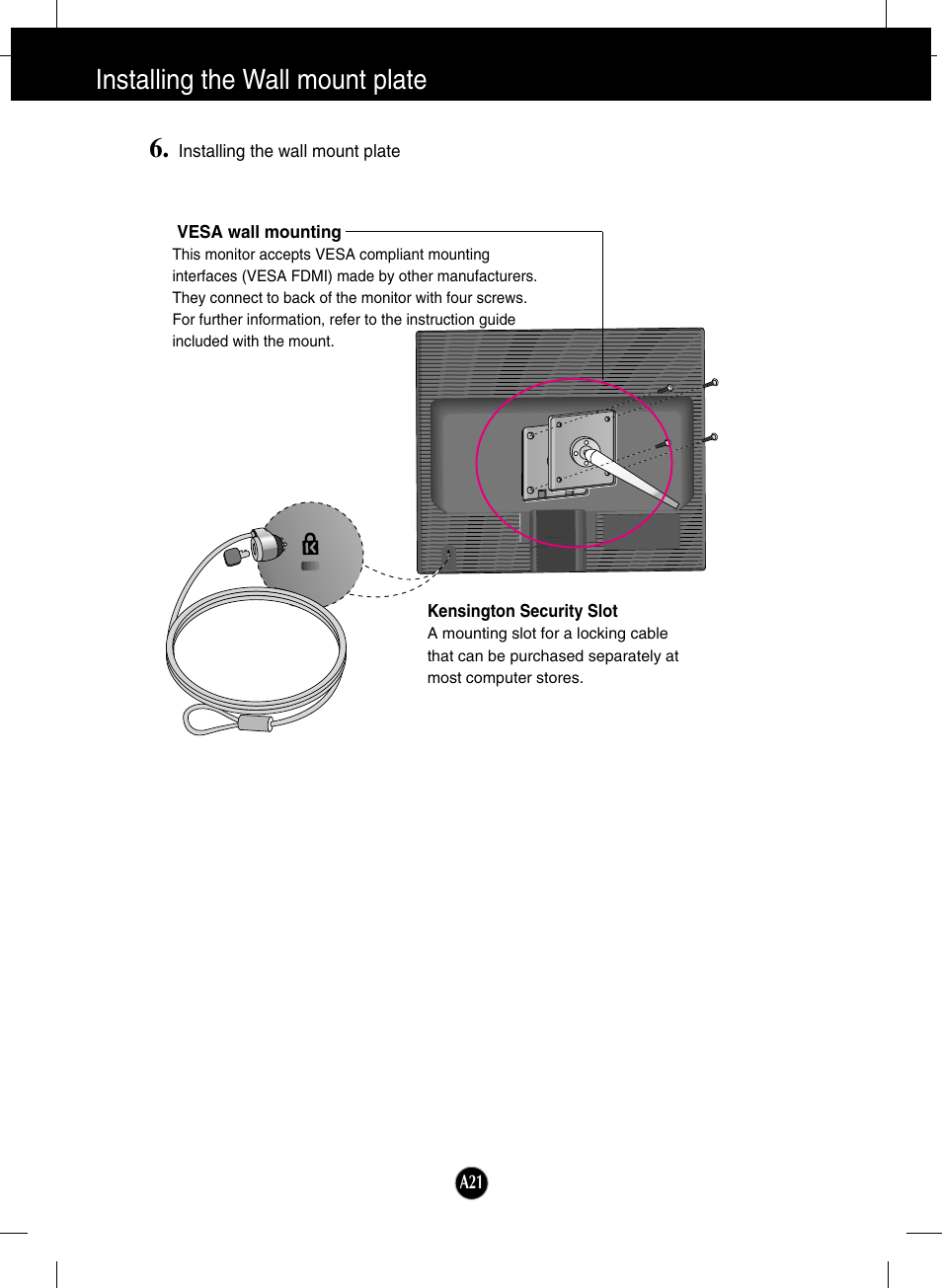 Installing the wall mount plate | LG L1718S-BN User Manual | Page 22 / 23