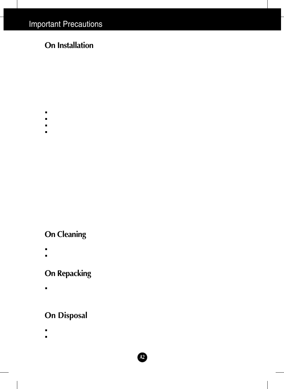 On installation, On cleaning, On repacking | On disposal, Important precautions on installation | LG L1718S-BN User Manual | Page 3 / 23