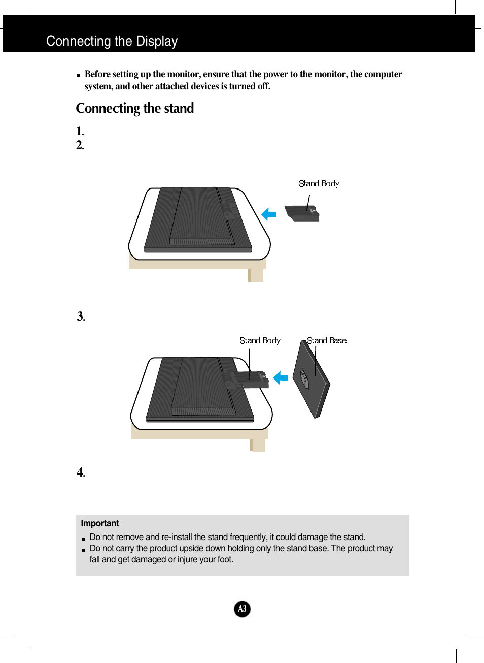 Connecting the display, Connecting the stand | LG L1718S-BN User Manual | Page 4 / 23