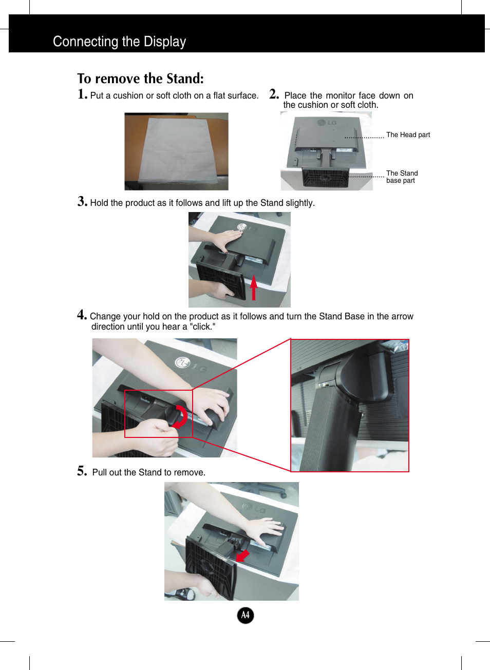 To remove the stand, Connecting the display 1 | LG L1718S-BN User Manual | Page 5 / 23