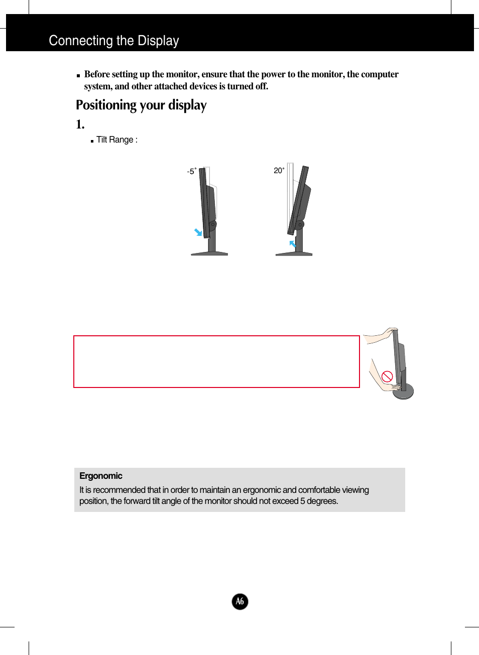 Positioning your display, Connecting the display | LG L1718S-BN User Manual | Page 7 / 23