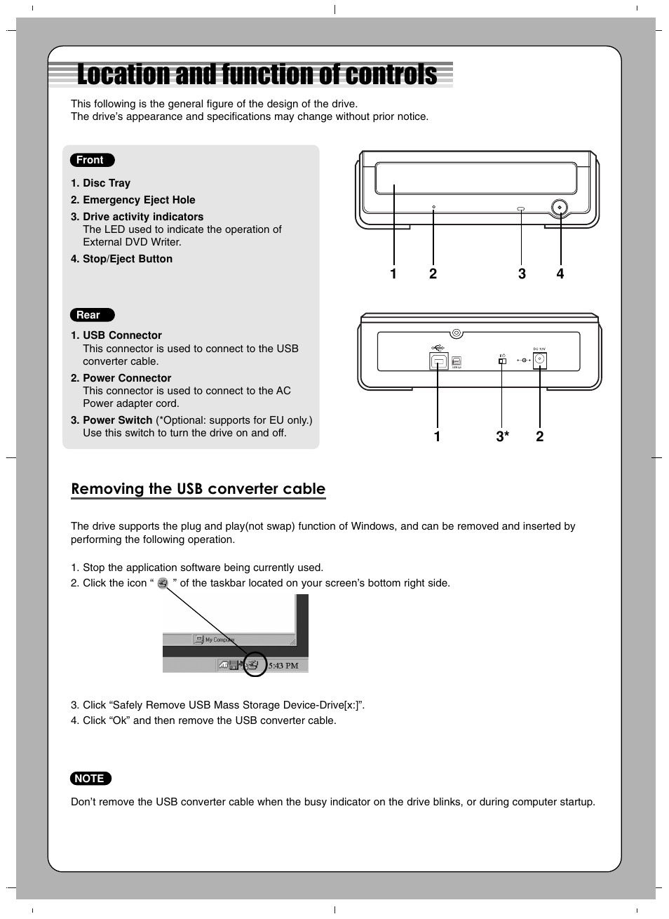Location and function of controls, Removing the usb converter cable | LG GE24NU40 User Manual | Page 2 / 4