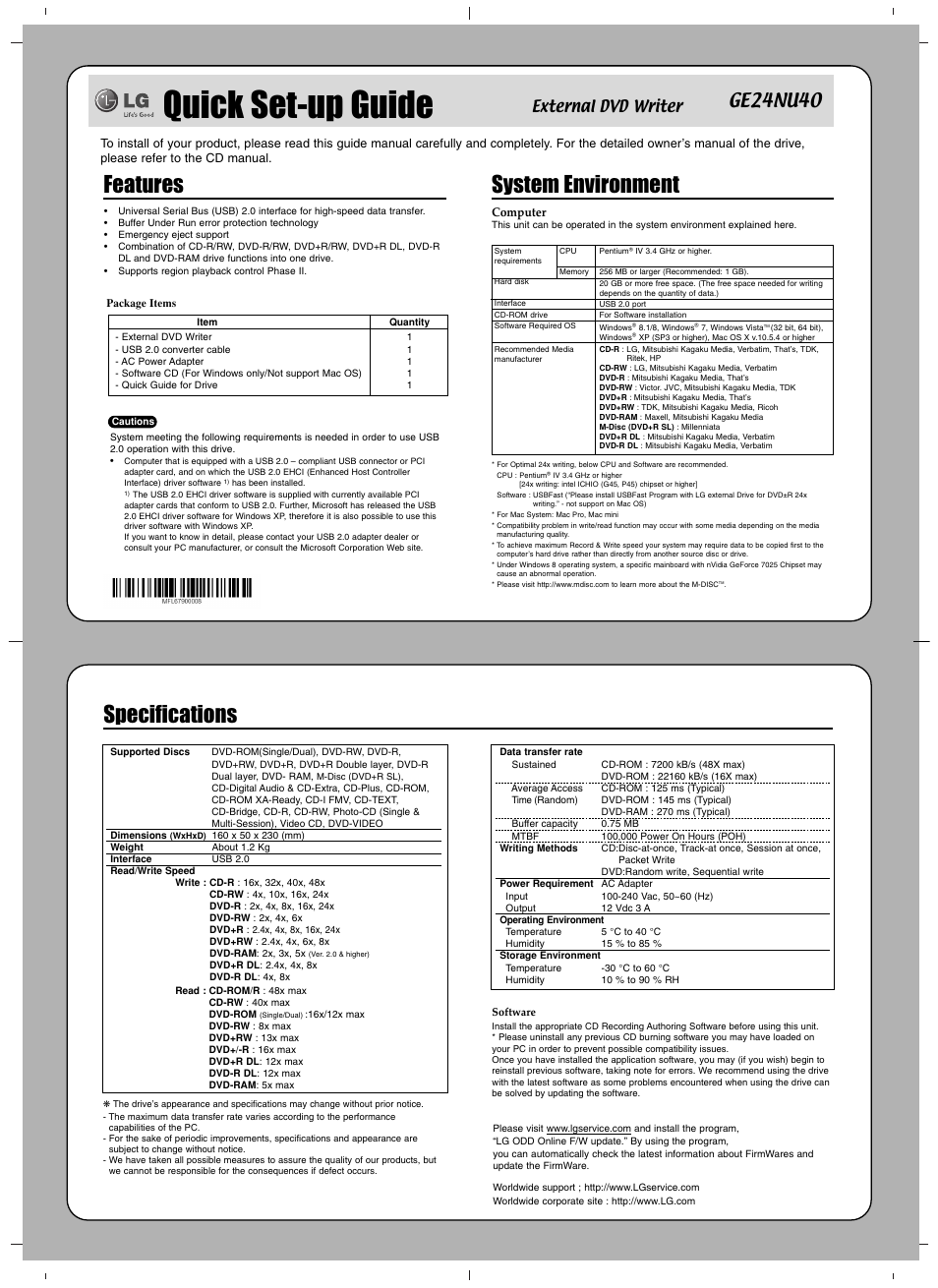 Quick set-up guide, Features, System environment | Specifications, Ge24nu40, External dvd writer | LG GE24NU40 User Manual | Page 3 / 4