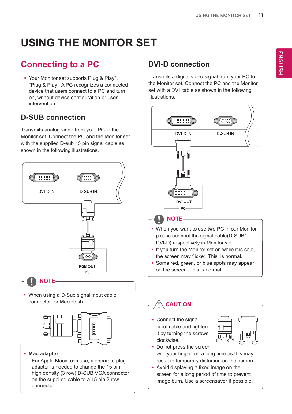 Using the monitor set, Connecting to a pc, D-sub connection | Dvi-d connection | LG 23MB35PM-B User Manual | Page 11 / 28