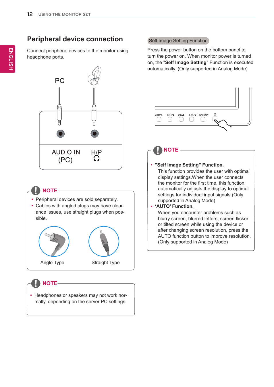 Peripheral device connection | LG 23MB35PM-B User Manual | Page 12 / 28