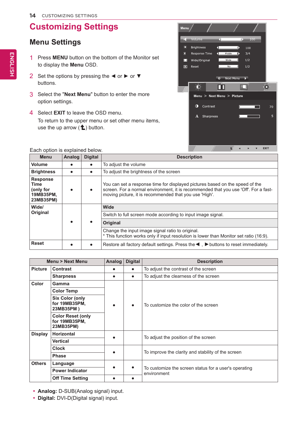 Customizing settings, Menu settings, 14 customizing settings 14 | LG 23MB35PM-B User Manual | Page 14 / 28