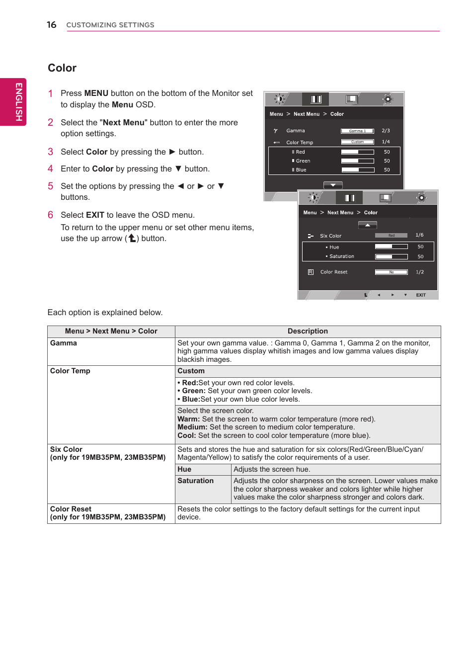 Color | LG 23MB35PM-B User Manual | Page 16 / 28