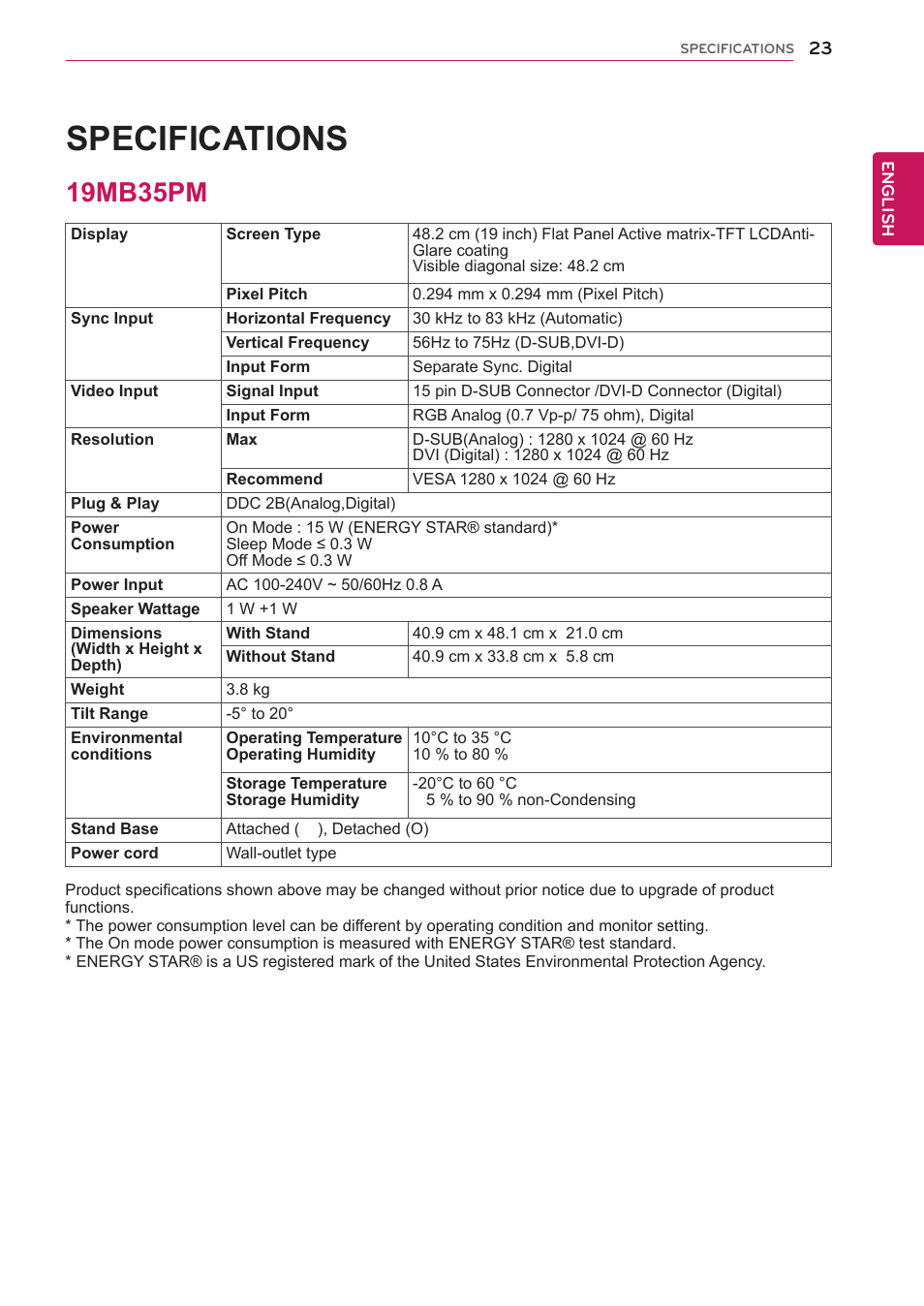 Specifications, 19mb35pm, 23 19mb35pm | LG 23MB35PM-B User Manual | Page 23 / 28