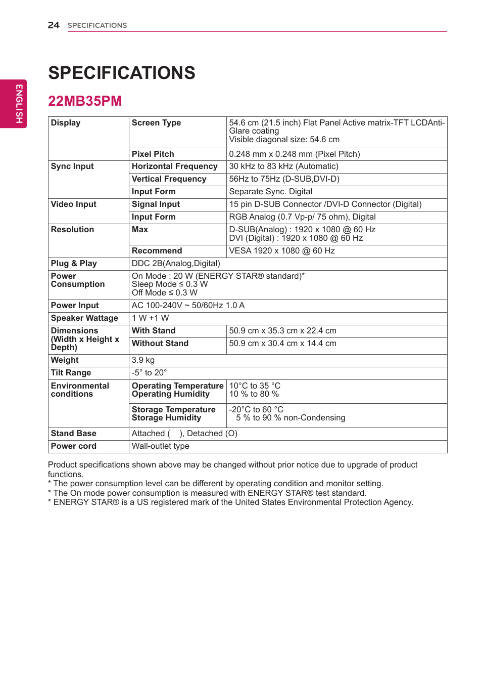 22mb35pm, 24 22mb35pm, Specifications | LG 23MB35PM-B User Manual | Page 24 / 28