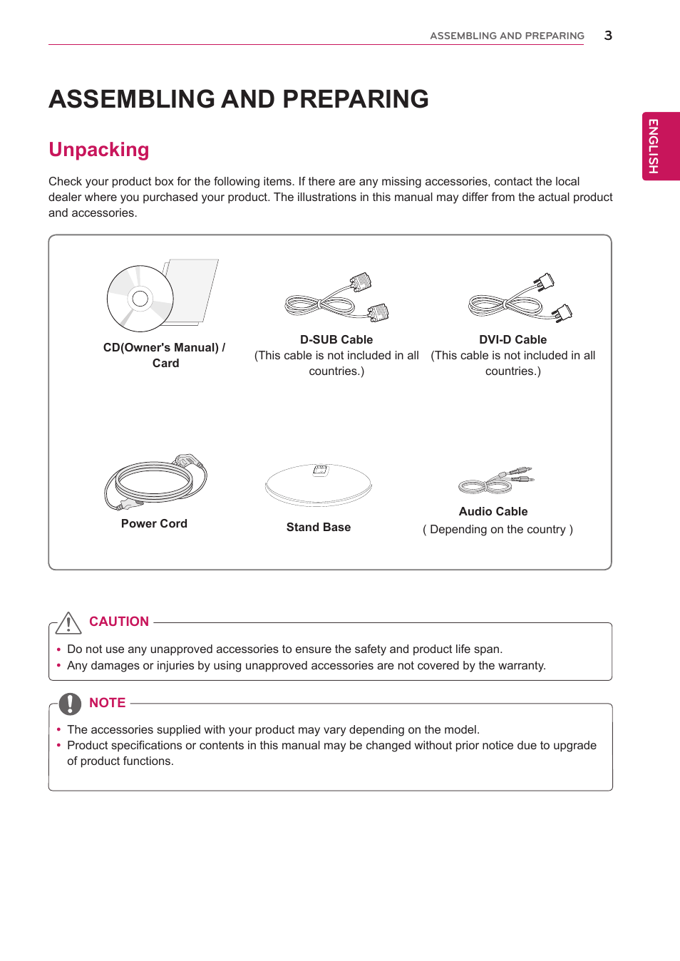Assembling and preparing, Unpacking, Assembling and prepar | LG 23MB35PM-B User Manual | Page 3 / 28