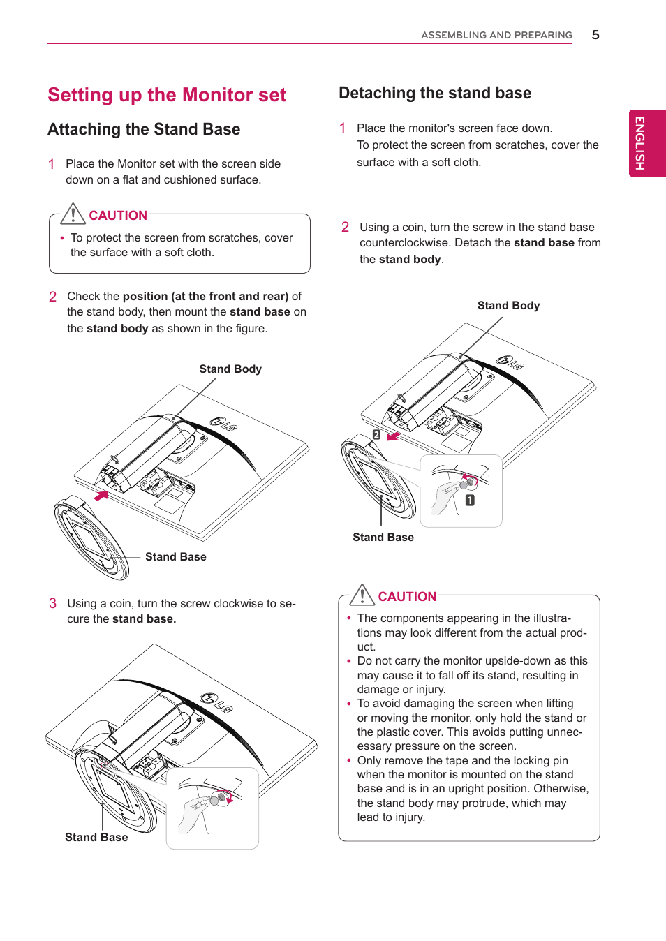 Setting up the monitor set, Attaching the stand base, Detaching the stand base | LG 23MB35PM-B User Manual | Page 5 / 28