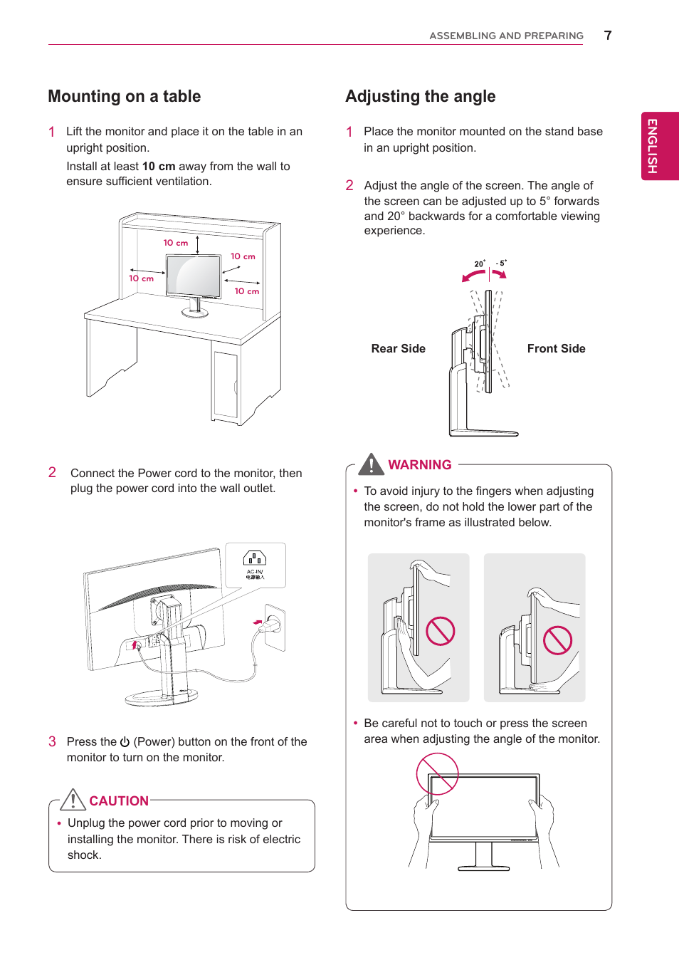 Mounting on a table, Adjusting the angle | LG 23MB35PM-B User Manual | Page 7 / 28