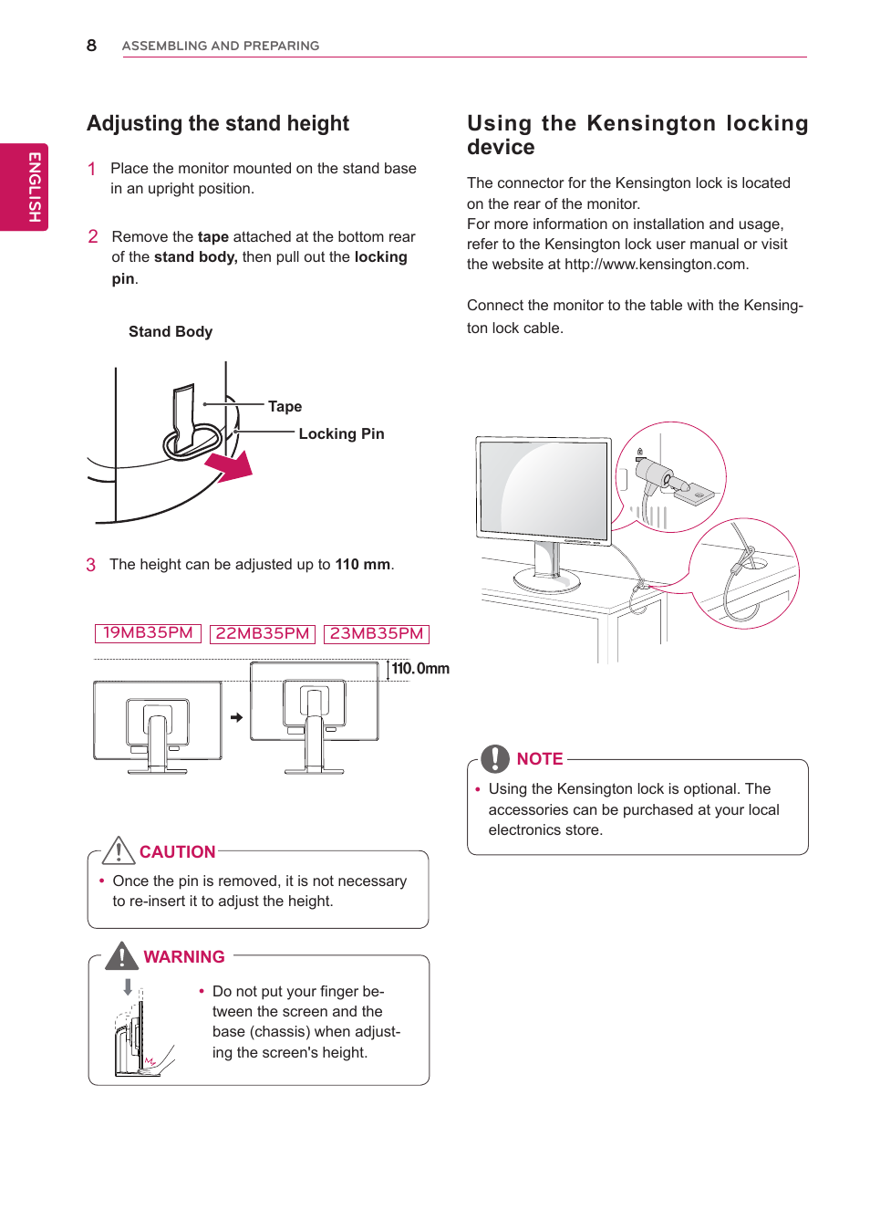 Adjusting the stand height, Using the kensington locking device | LG 23MB35PM-B User Manual | Page 8 / 28