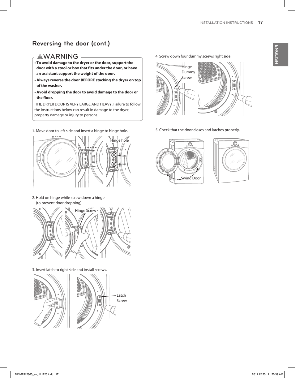 Warning, Reversing the door (cont.) | LG DLEX3070R User Manual | Page 17 / 96