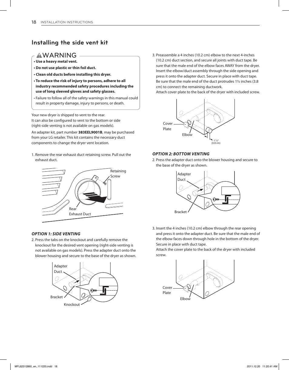 Warning, Installing the side vent kit | LG DLEX3070R User Manual | Page 18 / 96