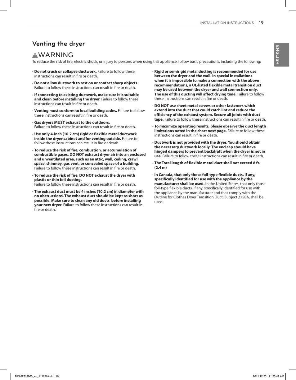 Warning, Venting the dryer | LG DLEX3070R User Manual | Page 19 / 96