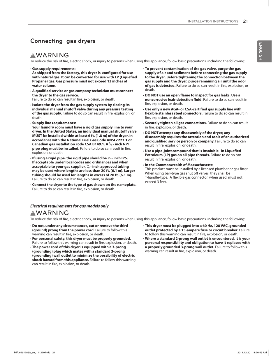Warning, Connecting gas dryers | LG DLEX3070R User Manual | Page 21 / 96