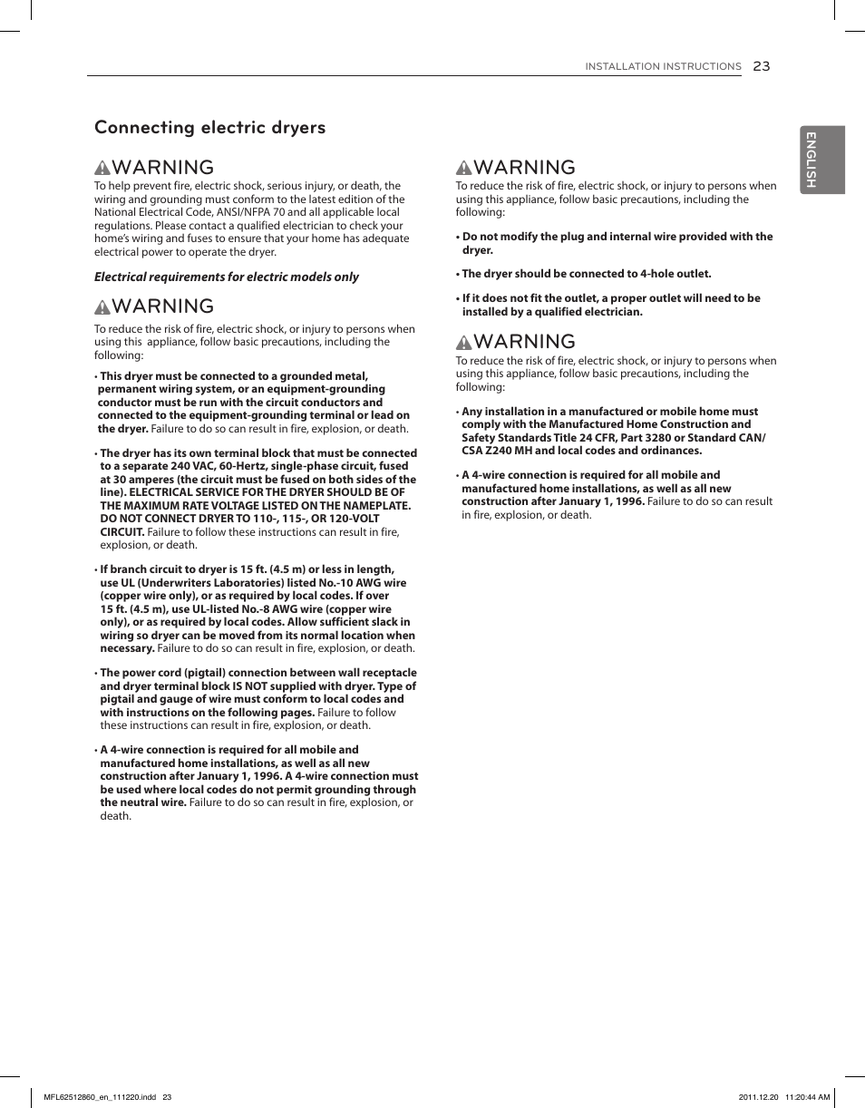 Warning, Connecting electric dryers | LG DLEX3070R User Manual | Page 23 / 96