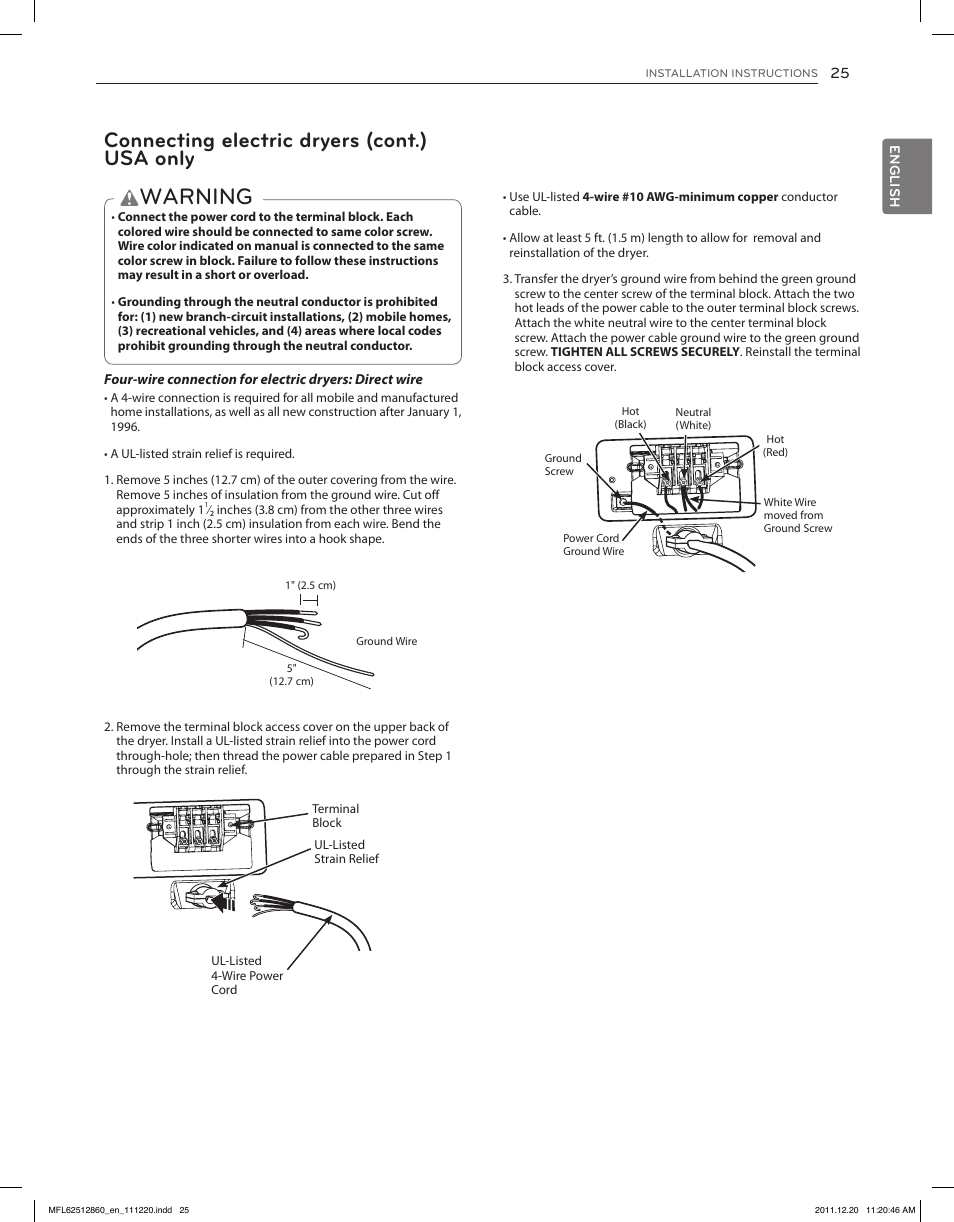 Warning, Connecting electric dryers (cont.) usa only | LG DLEX3070R User Manual | Page 25 / 96