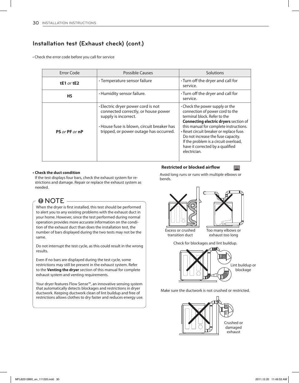 Installation test (exhaust check) (cont.) | LG DLEX3070R User Manual | Page 30 / 96