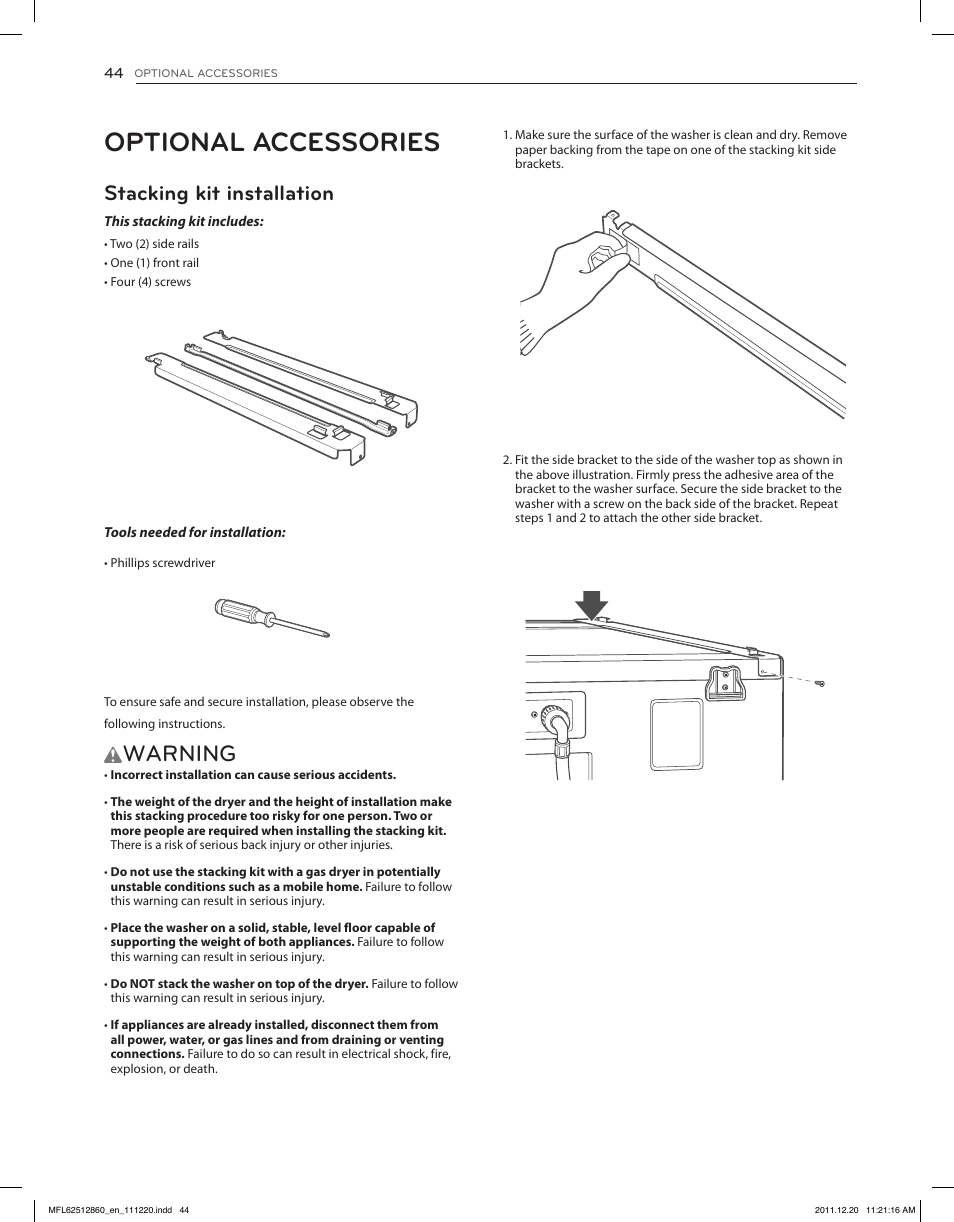 Optional accessories, Warning, Stacking kit installation | LG DLEX3070R User Manual | Page 44 / 96