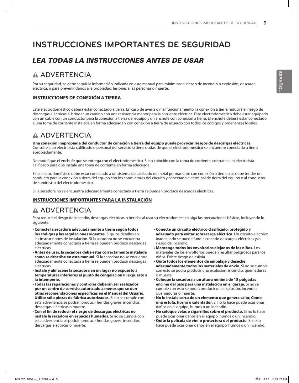 Instrucciones importantes de seguridad, Advertencia, Lea todas la instrucciones antes de usar w | LG DLEX3070R User Manual | Page 51 / 96