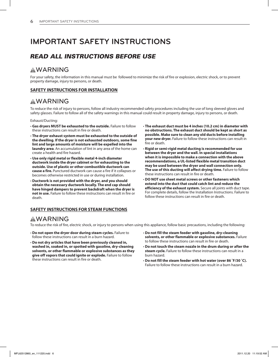 Important safety instructions, Warning, Read all instructions before use w | LG DLEX3070R User Manual | Page 6 / 96