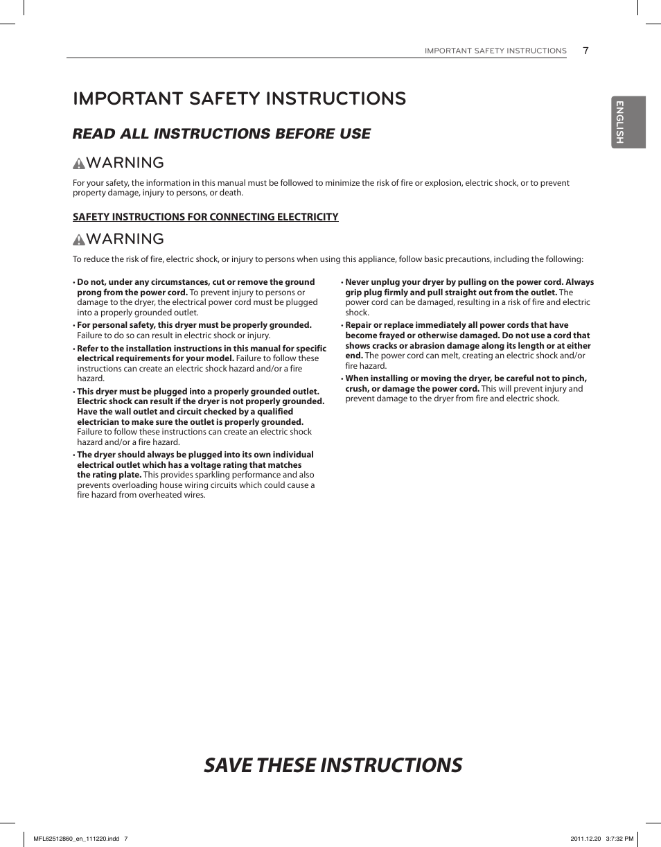 Save these instructions, Important safety instructions, Warning | Read all instructions before use w | LG DLEX3070R User Manual | Page 7 / 96