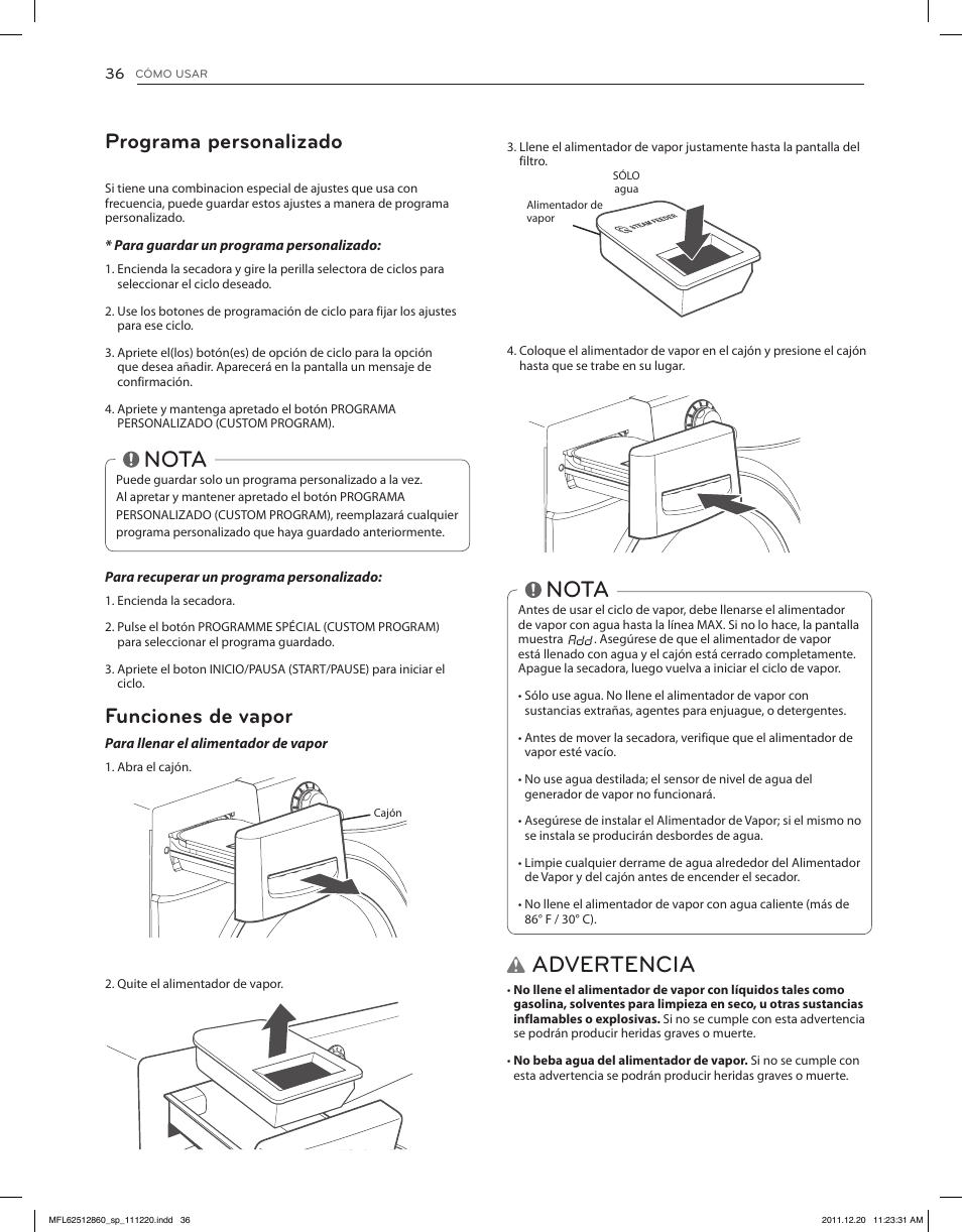 Advertencia, Nota, Funciones de vapor | Programa personalizado | LG DLEX3070R User Manual | Page 82 / 96