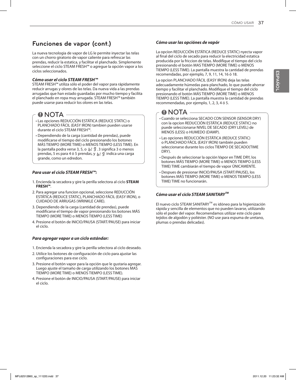Nota, Funciones de vapor (cont.) | LG DLEX3070R User Manual | Page 83 / 96