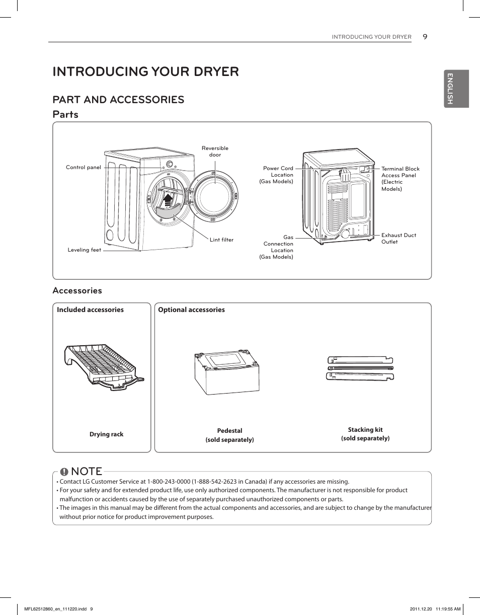 Introducing your dryer, Part and accessories parts, Accessories | LG DLEX3070R User Manual | Page 9 / 96