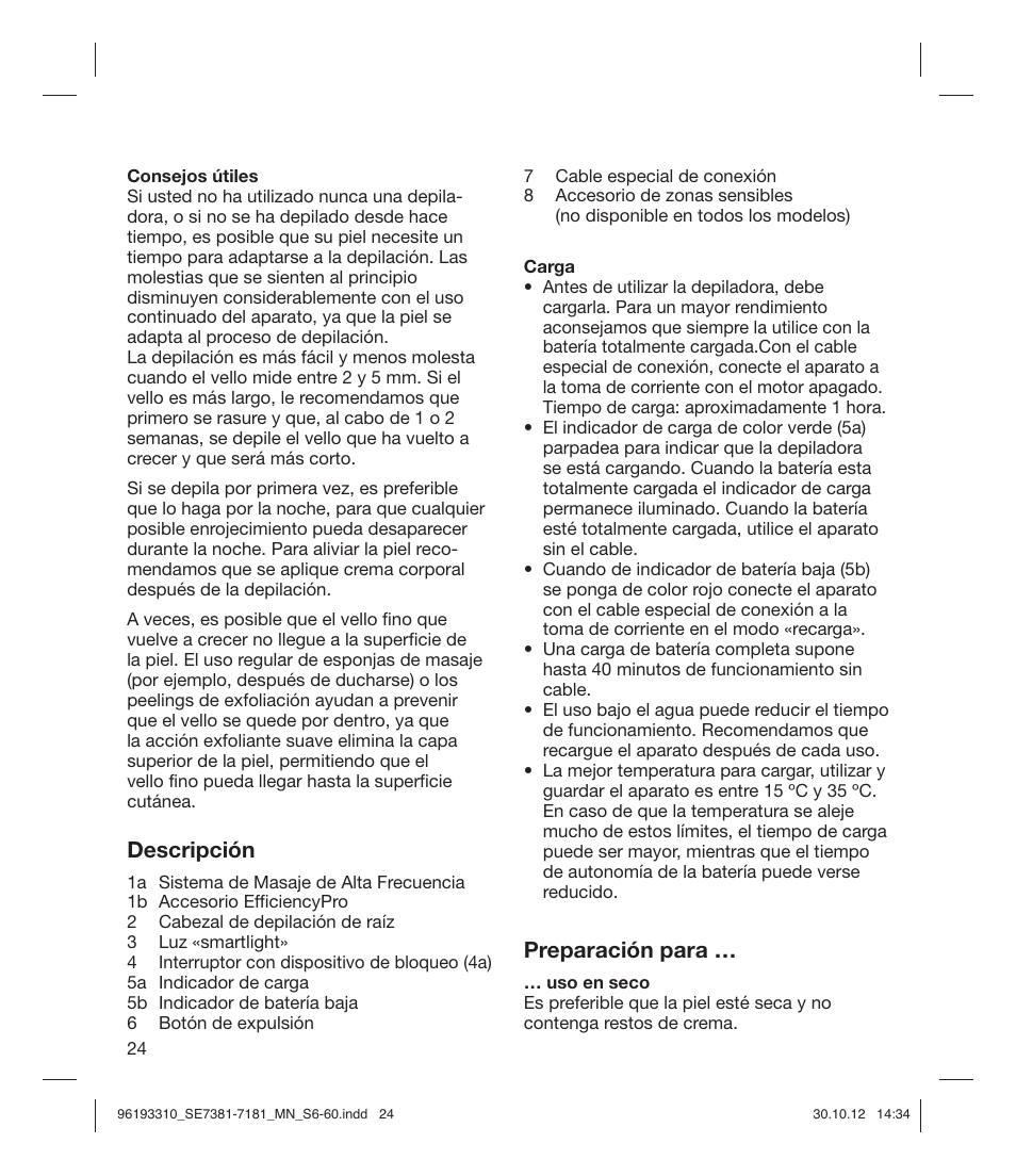 Descripción, Preparación para | Braun 7181 Legs WD Silk-épil 7  User Manual | Page 23 / 57