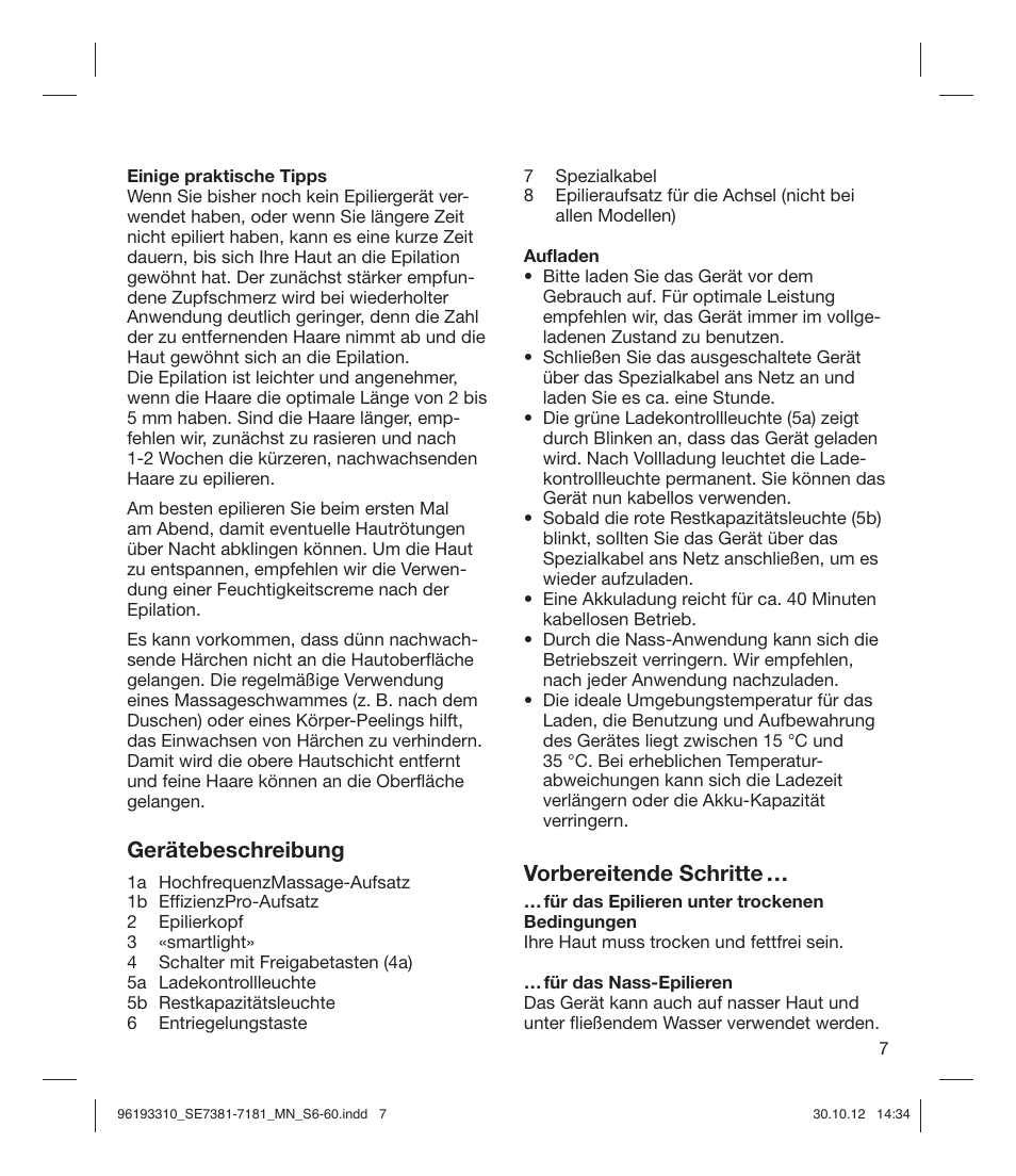 Gerätebeschreibung, Vorbereitende schritte | Braun 7181 Legs WD Silk-épil 7  User Manual | Page 6 / 57