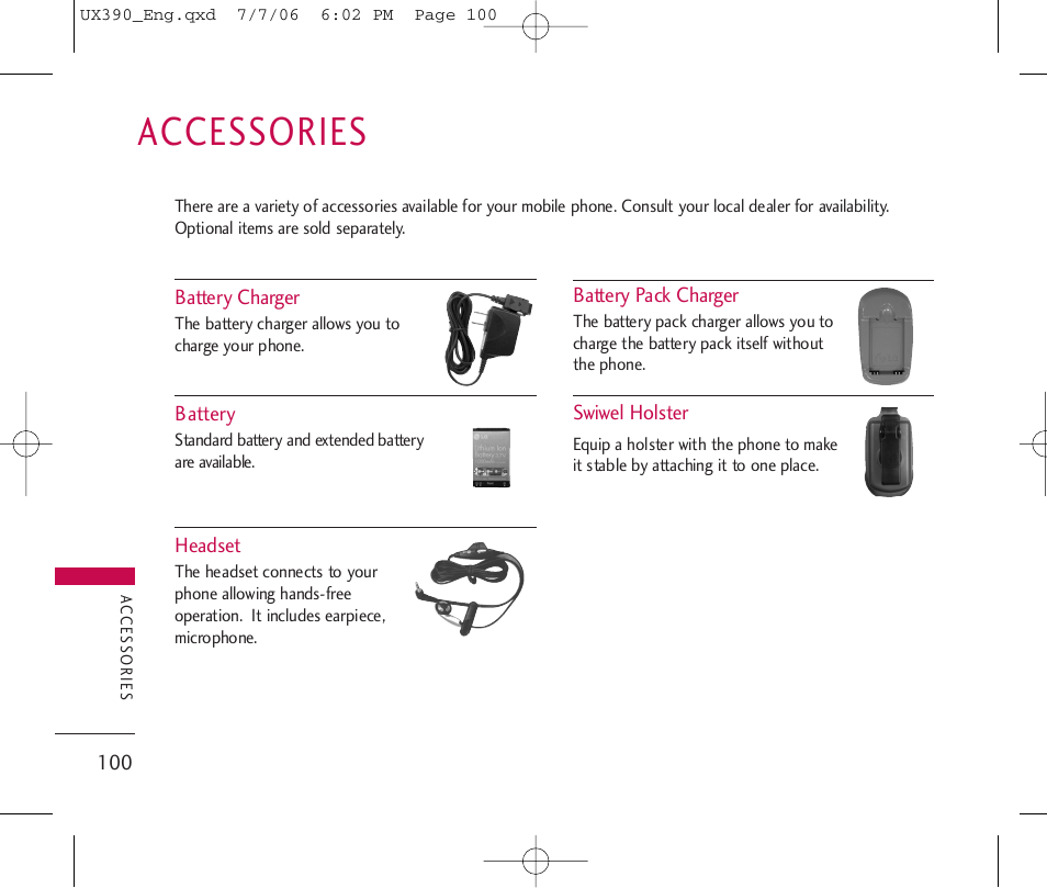 Accessories | LG UX390 User Manual | Page 100 / 105