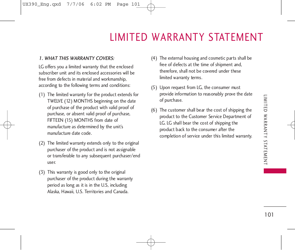 Limited warranty statement | LG UX390 User Manual | Page 101 / 105