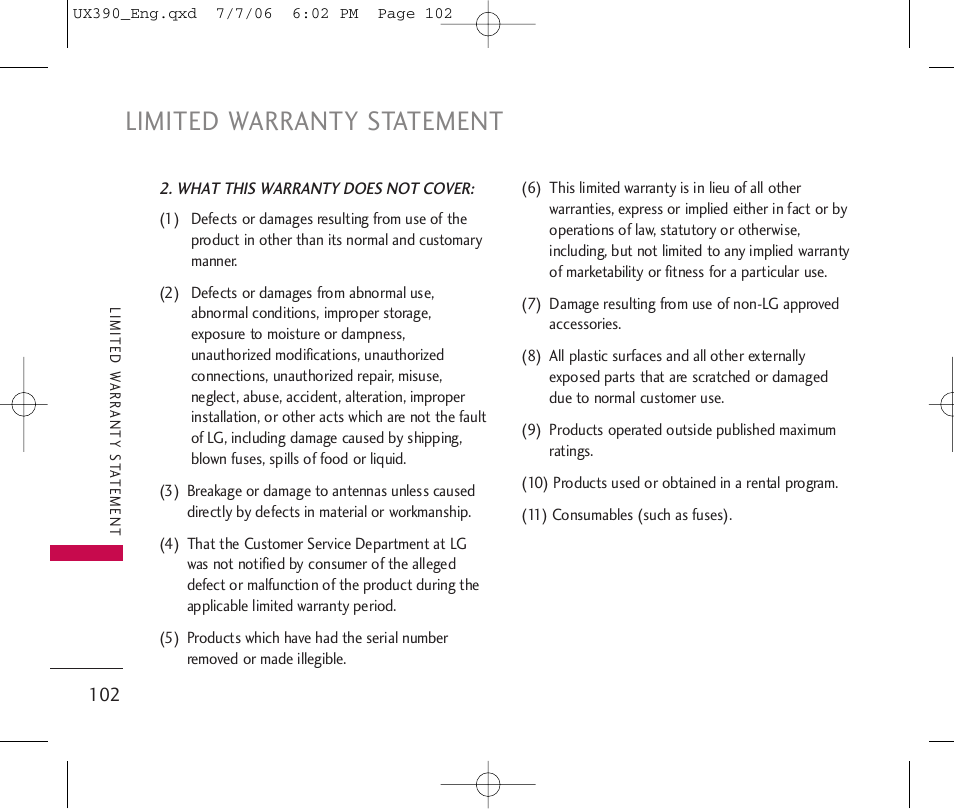 Limited warranty statement | LG UX390 User Manual | Page 102 / 105