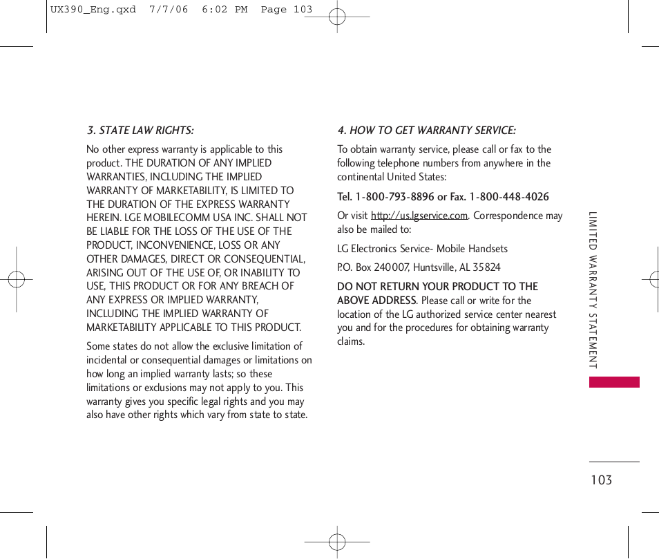 LG UX390 User Manual | Page 103 / 105